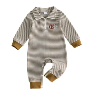 Football Embroidery Stripes Pajamas Zip Baby-Boy Newborn