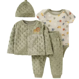 4pcs Baby Boy  Romper Set, Crew Neck Velvet Outfit  Newborn Hospital Essentials