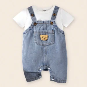 Baby Boys' Denim Romper With Pocket & Bear Patchwork