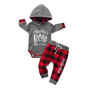 Baby Boy Clothes Printed Hoodie Sweatshirt Tops + Plaid Pants