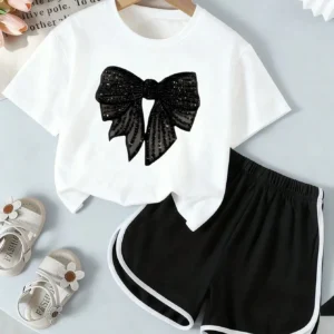 Bow Print Short Sleeve Top And Shorts Set For Toddler Girls
