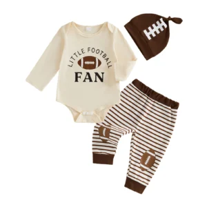 Hat-3-Pcs Hat 3 Baby Sleeve Romper Striped Football Outfit